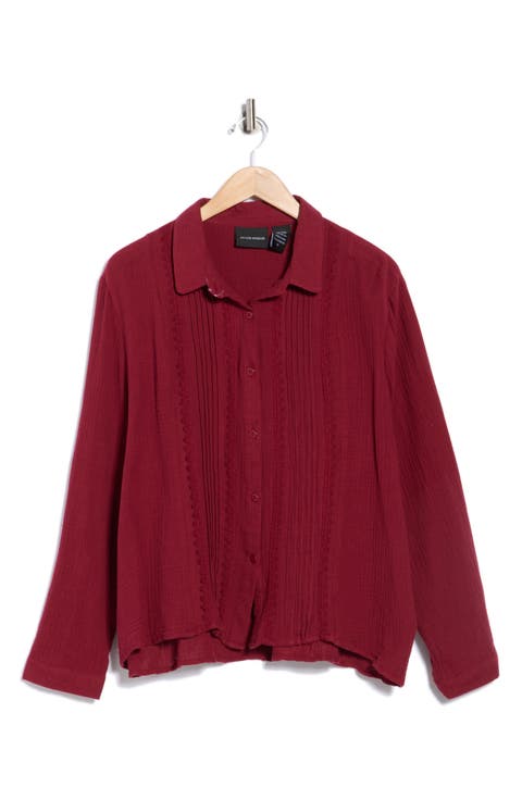 Pintuck Cotton Button-Up Shirt (Plus)