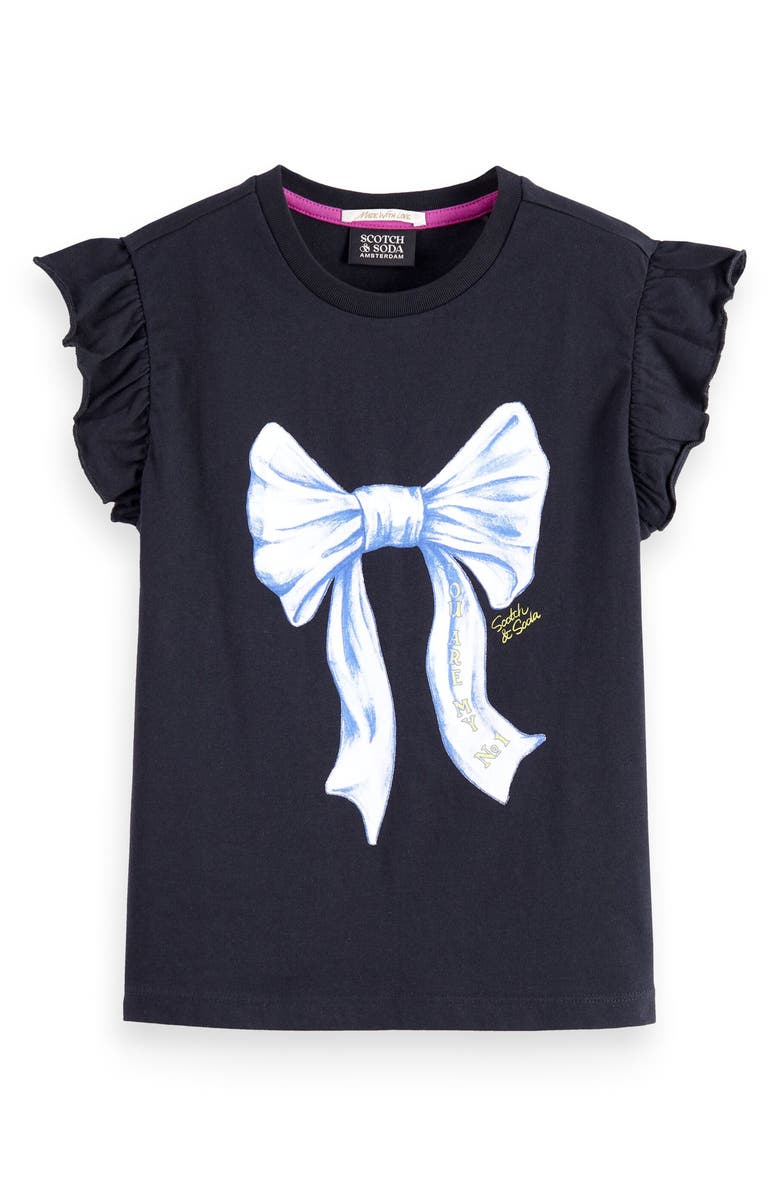 Scotch & Soda Kids' Bow Ruffle Sleeve Cotton T-Shirt, Main, color, Anthracite