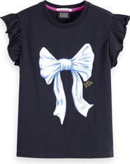 Scotch & Soda Kids' Bow Ruffle Sleeve Cotton T-Shirt