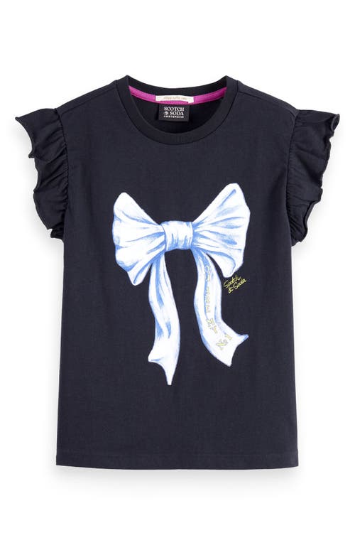 Scotch & Soda Kids' Bow Ruffle Sleeve Cotton T-shirt In Black