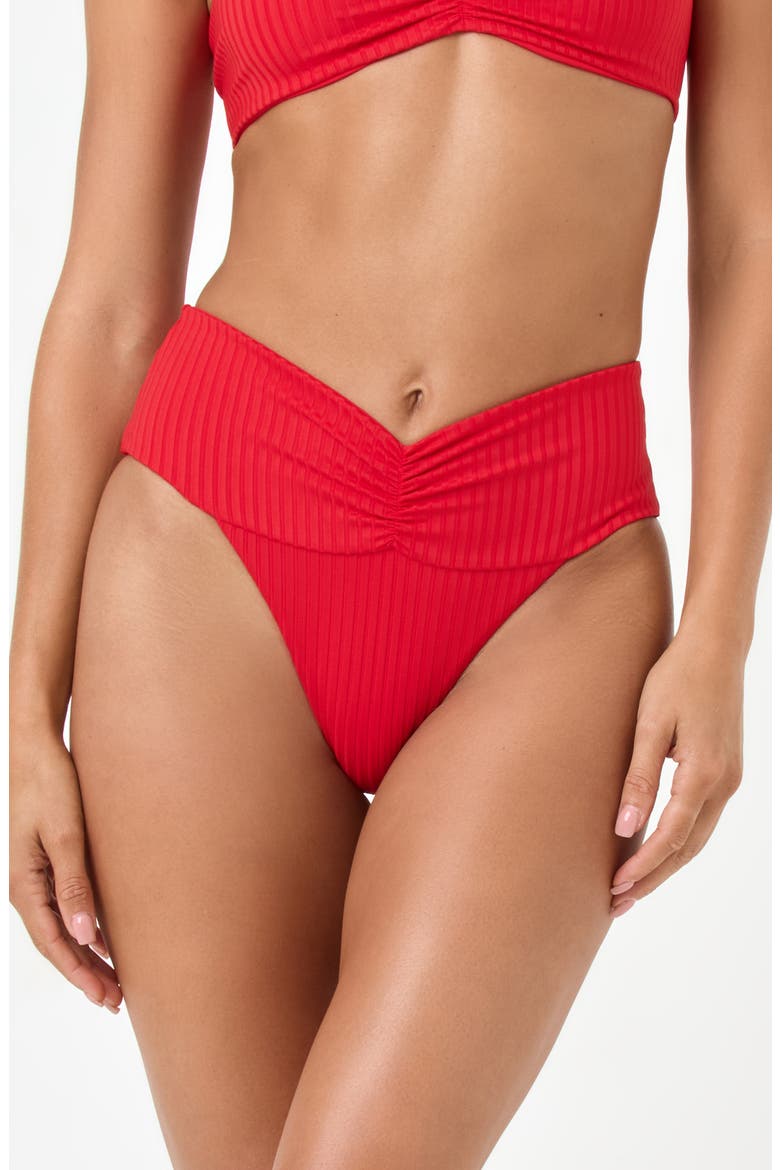 Bardot Ruched Rib Bikini Bottoms, Main, color, FLAME