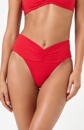 L*space Lspace Bardot Ruched Rib Bikini Bottoms In Flame