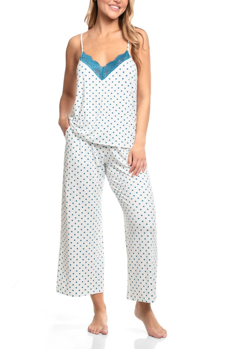 Aimee Cropped Pajama Set, Main, color, IVORY/ TEAL DOT