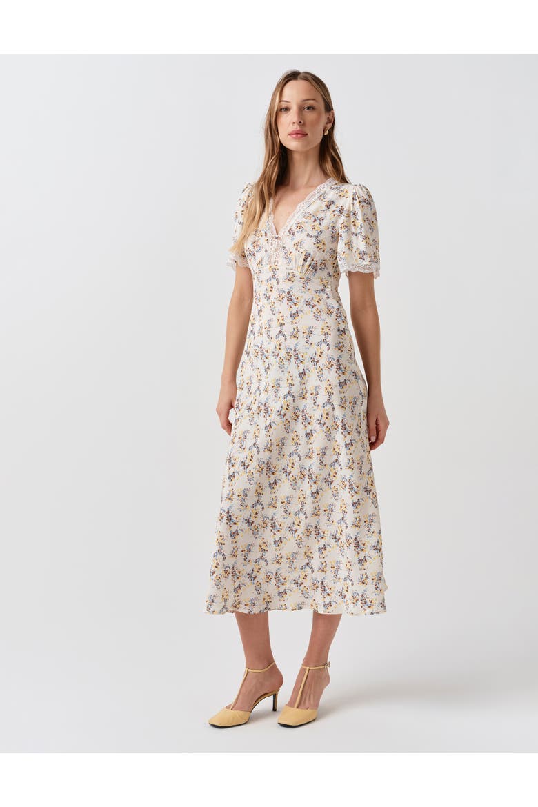 Belle Lace Crepe V-Neck Midi Dress, Alternate, color, Ivory Ditsy