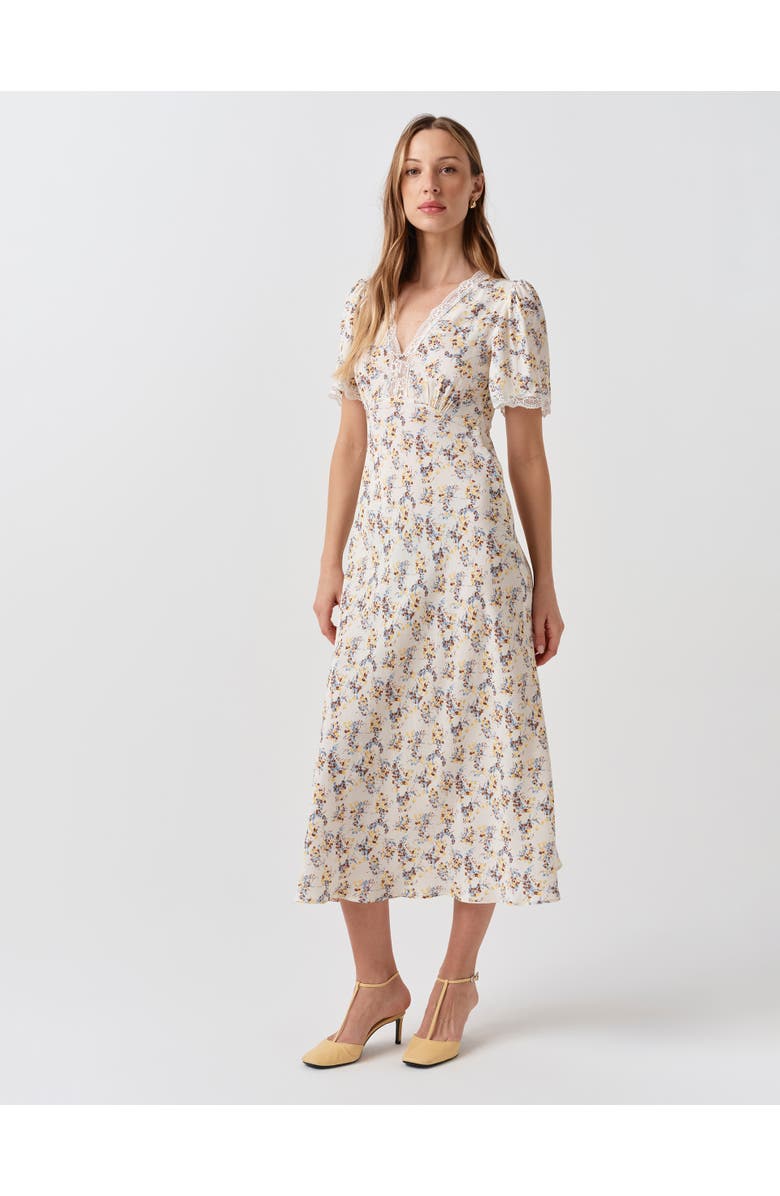 Ghost London Belle Lace Crepe V-Neck Midi Dress, Alternate, color, Ivory Ditsy