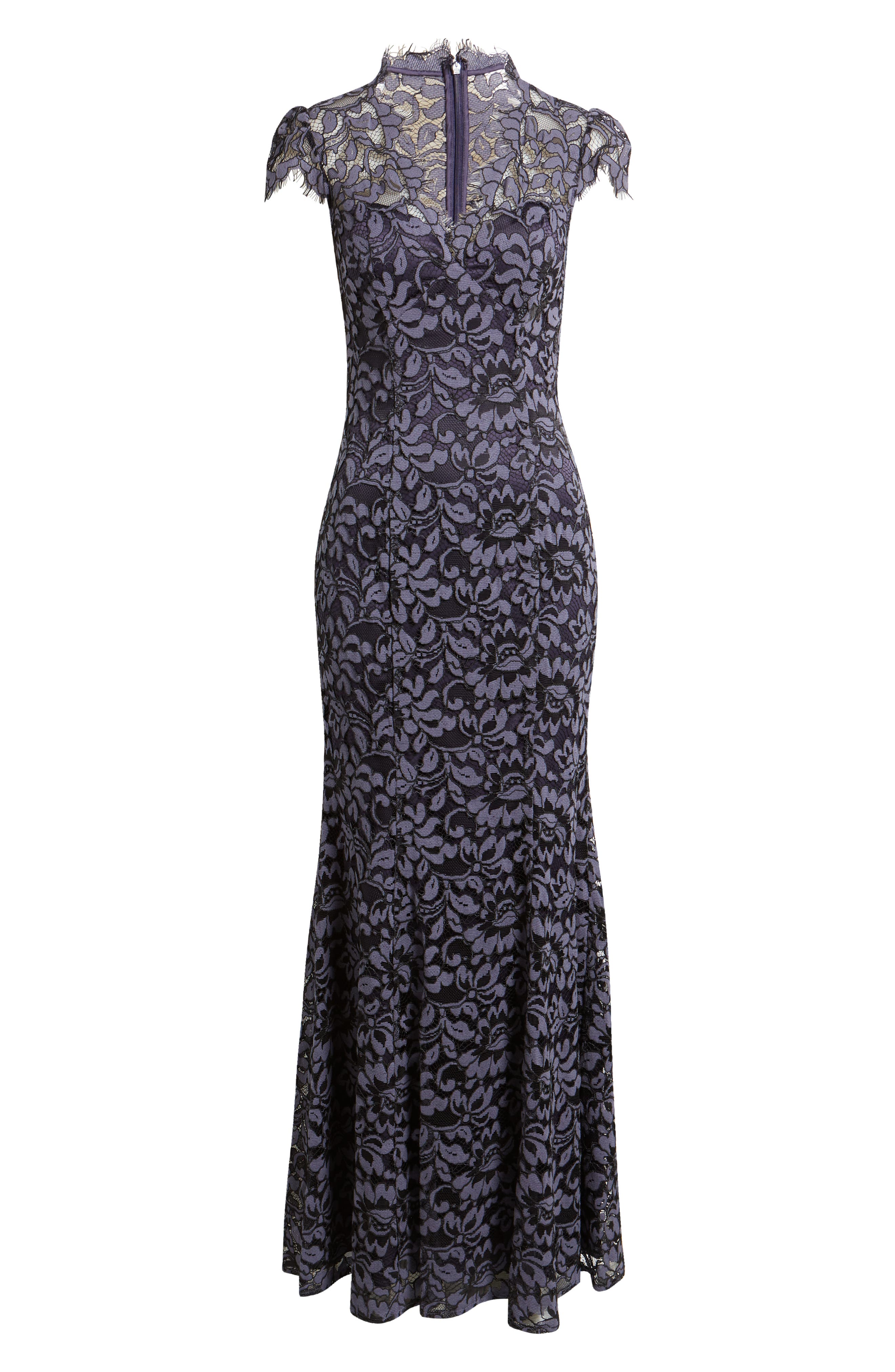 eliza j illusion neck embroidered lace midi dress Embroidered Floral Illusion Lace A-Line Gown (Women)
