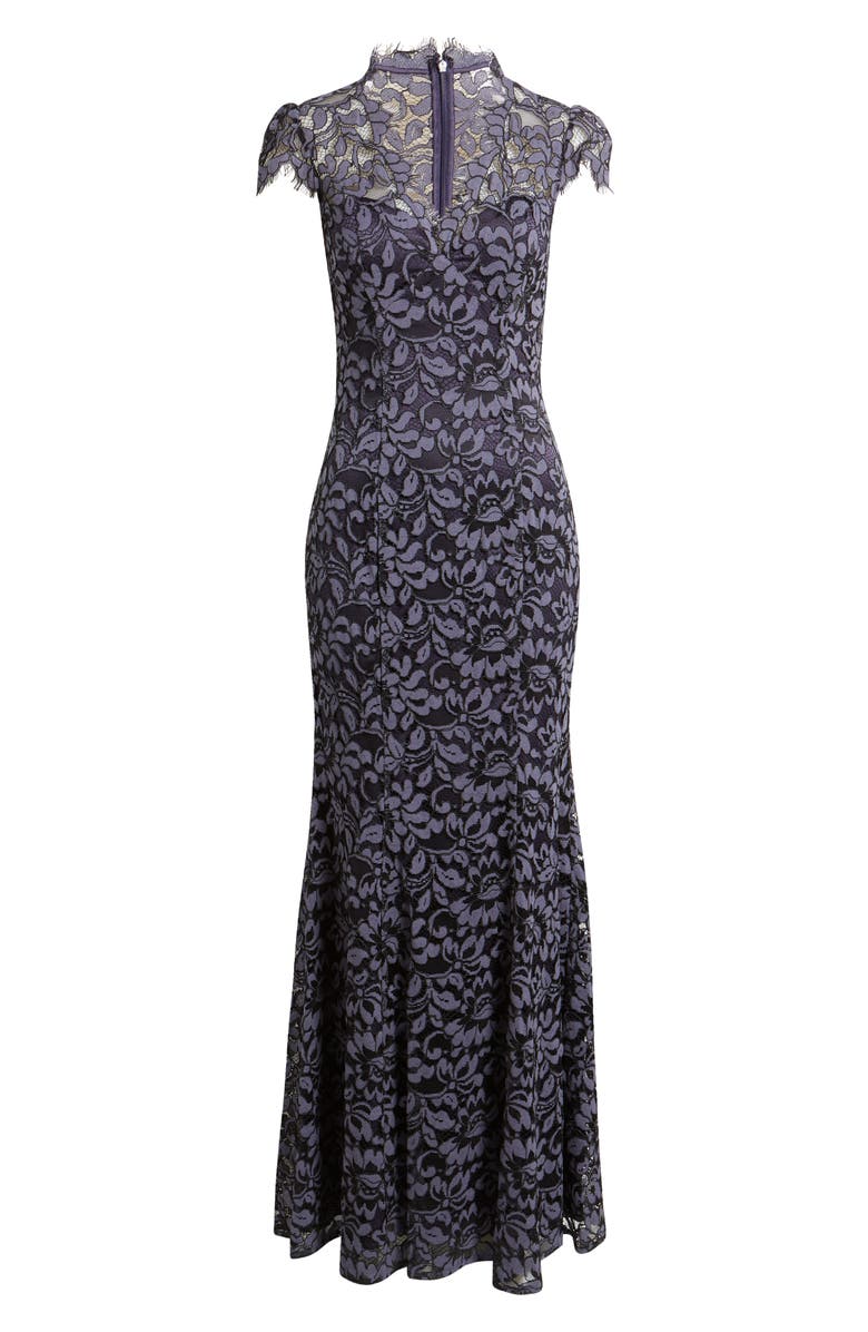 Eliza J Illusion Cap Sleeve Gown, Alternate, color, Navy