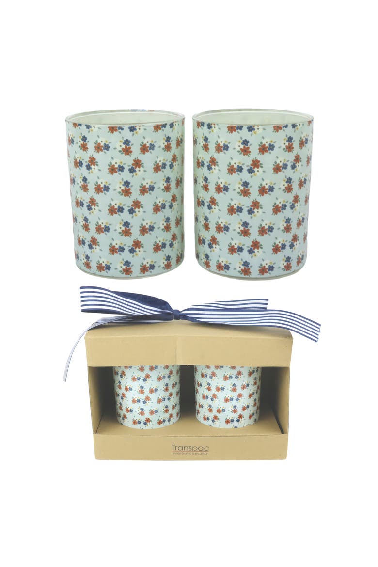 Glass Juice Cups Floral Set of 2 Wood Multicolored for Spring Serving and Entertaining, Main, color, Beige