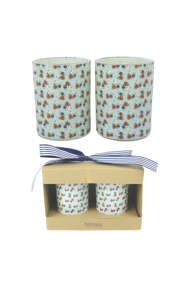 Transpac Glass Juice Cups Floral Set of 2 Wood Multicolored for Spring Serving and Entertaining, Main, color, Beige