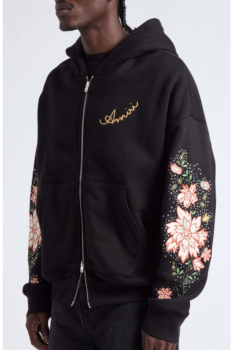 Oversize Crystal Embellished Floral Zip Hoodie, Alternate, color, BLACK