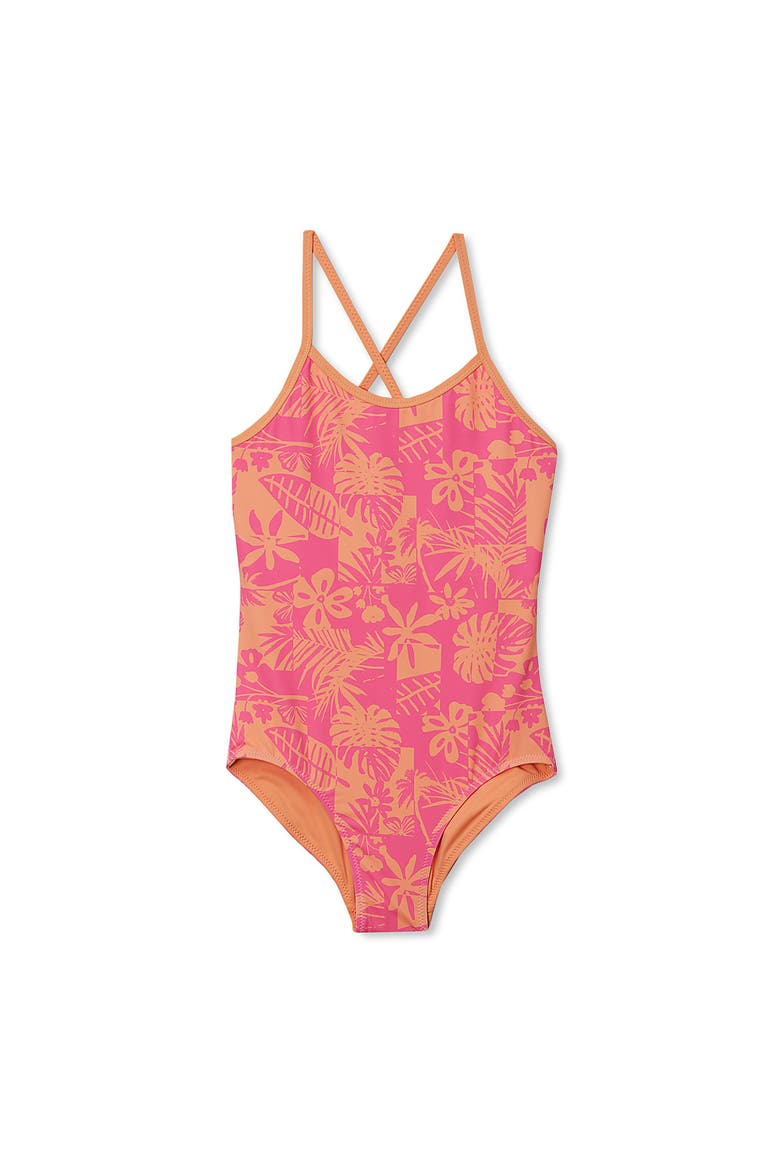 Girls Chlorine Resistant Reversible One Piece Swimsuit, Main, color, Pink/Orange Tropical Floral