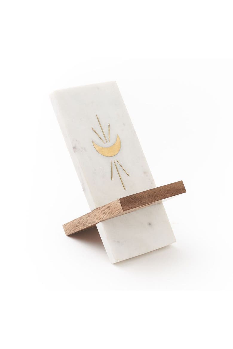 Indukala Moon Phase Phone Stand for Desk - Wood, Marble, Brass, Main, color, Brown