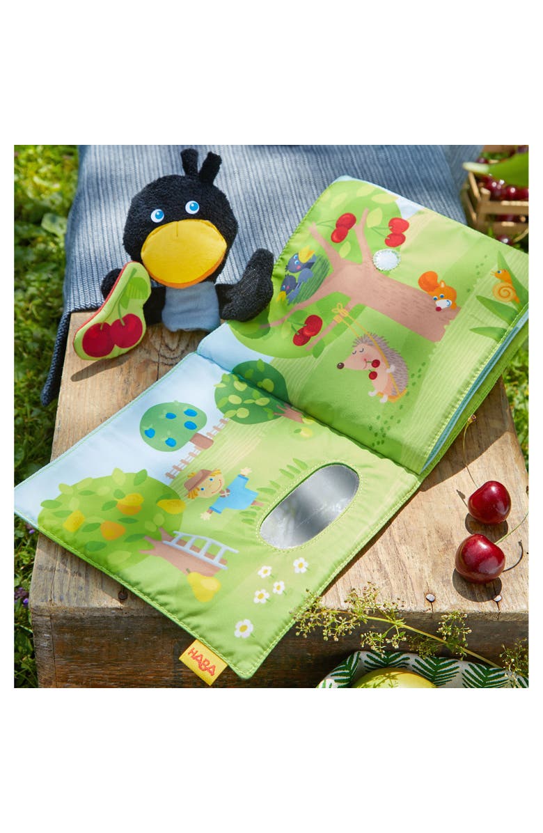 HABA Baby Soft Book and Interactive Busy Book for Babies 6-12 Months, Orchard Theme with Raven Finger Puppet and Fruit Basket, Alternate, color, 