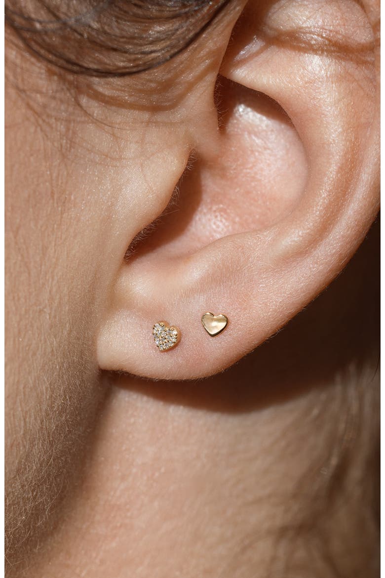 14k Diamond Heart Stud Earring (Flat Back) - Single, Alternate, color, 14k Solid Gold