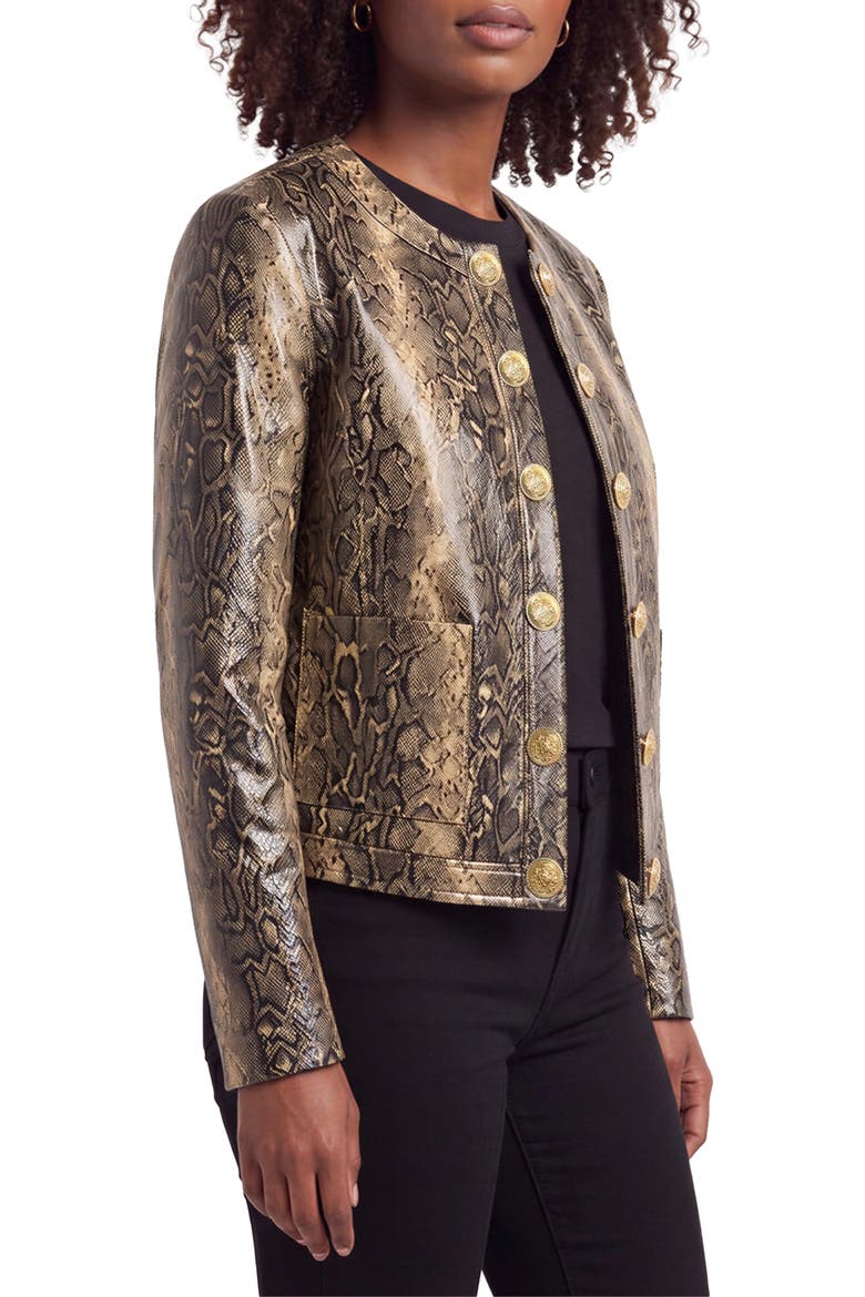 Snakeskin Print Faux Leather Collarless Jacket, Alternate, color, TAN SNAKE