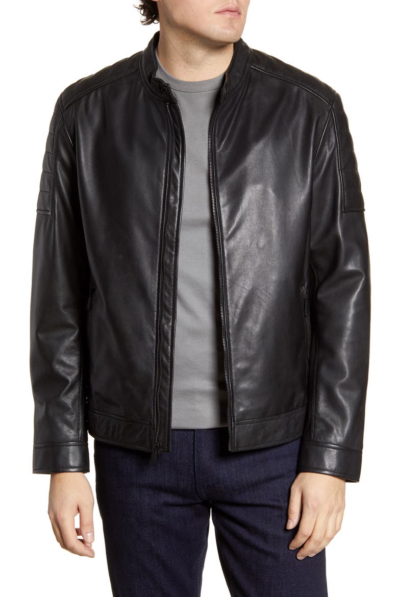Racer Leather Jacket, Main, color, BLACK