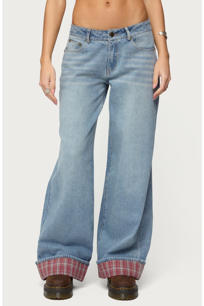 Plaid Cuff Baggy Jeans, Main, color, LIGHT-BLUE