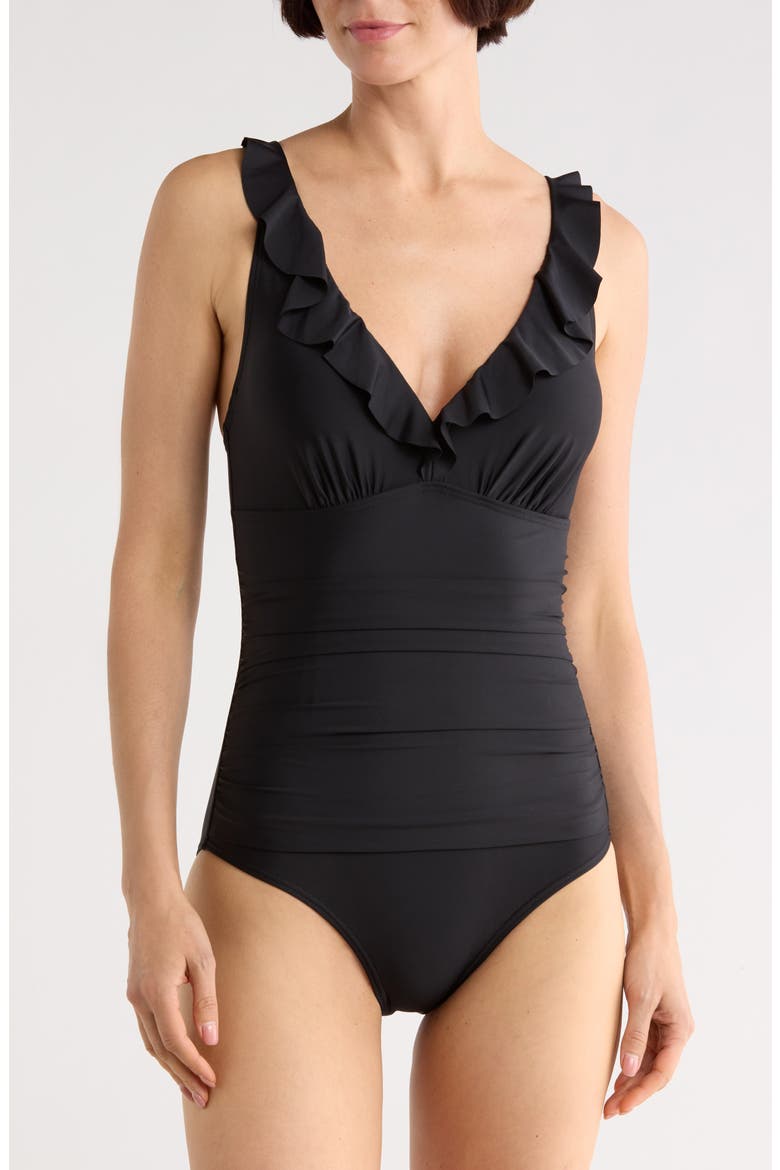Ruffle V-Neck One-Piece Swimsuit, Main, color, BLACK