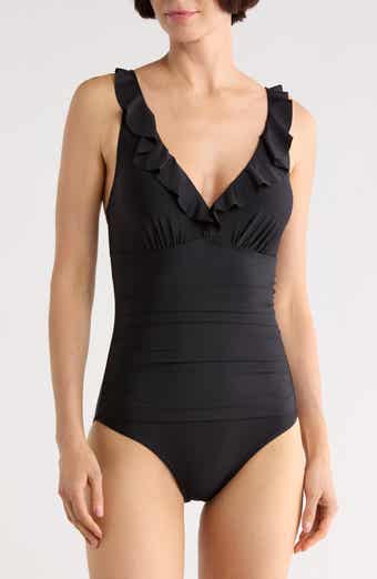 DKNY Ruffle V-Neck One-Piece Swimsuit
