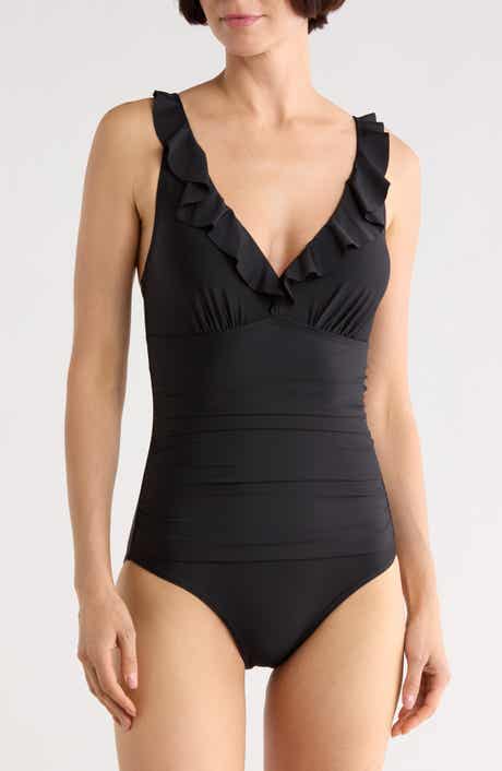 DKNY Ruffle V-Neck One-Piece Swimsuit