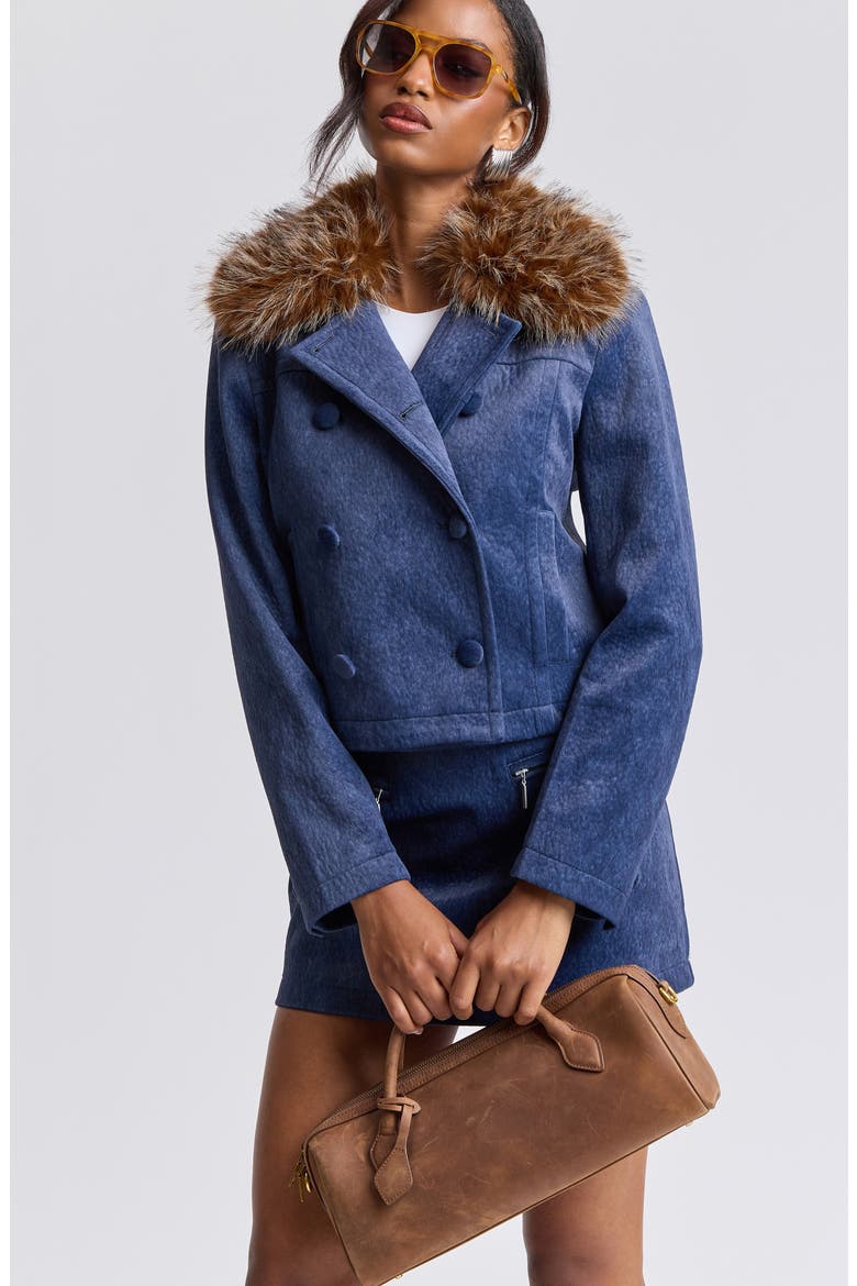 Faux Fur Collar Double Breasted Jacket, Alternate, color, BRIGHT BLUE