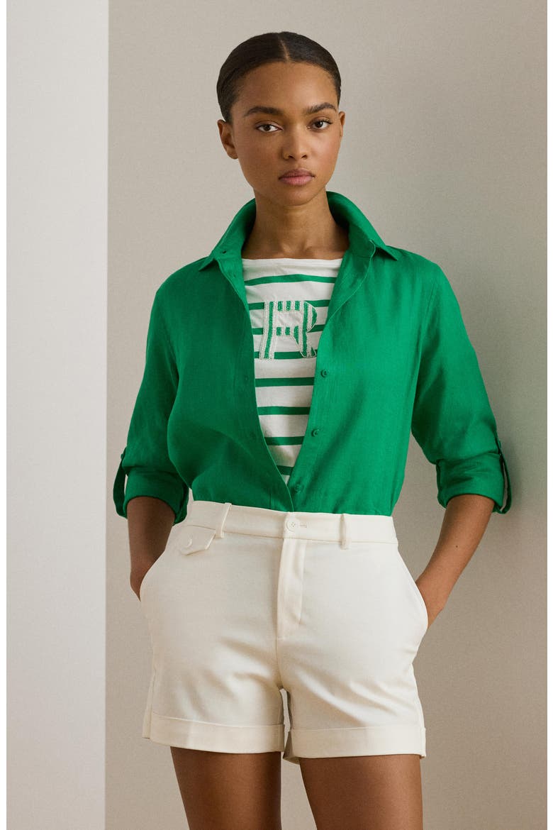 Karrie Linen Button-Up Shirt, Alternate, color, STEM GREEN