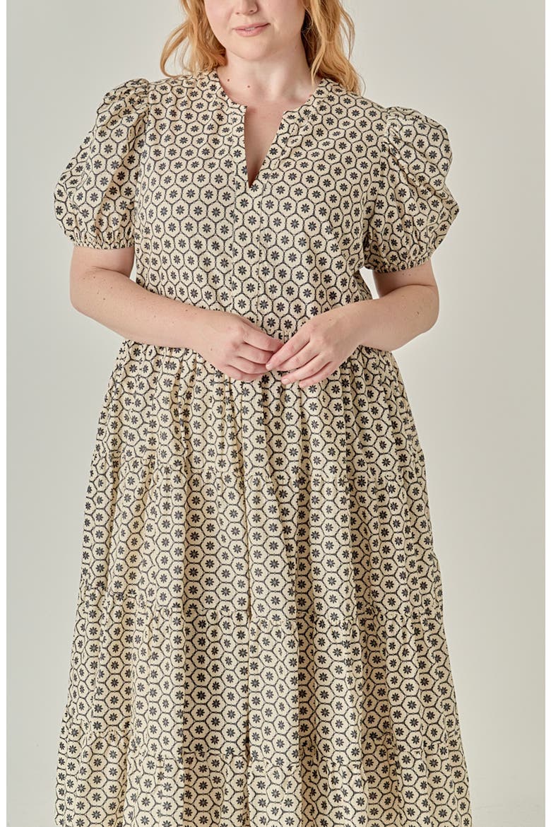 Print Puff Sleeve Midi Dress, Alternate, color, BEIGE/ BLACK