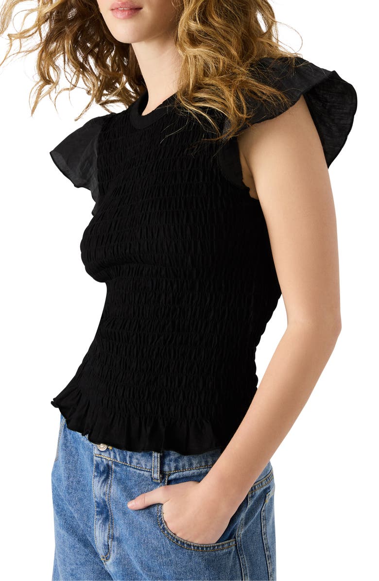 Steve Madden Cecilie Smocked Ruffle Cotton Sleeve Top, Alternate, color, Black