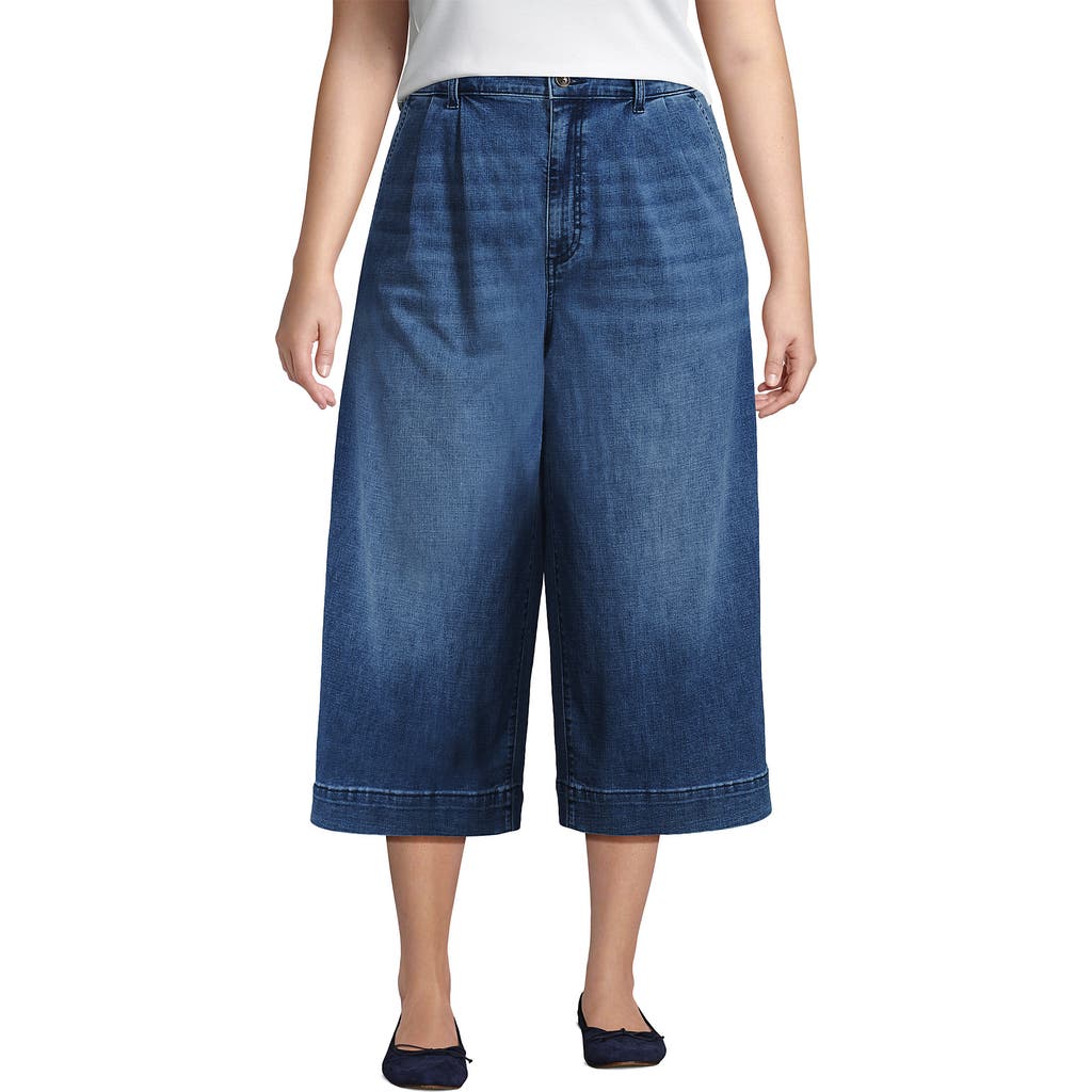 Lands' End Plus Size Denim Mid Rise Wide Leg Culotte Jeans In Blue