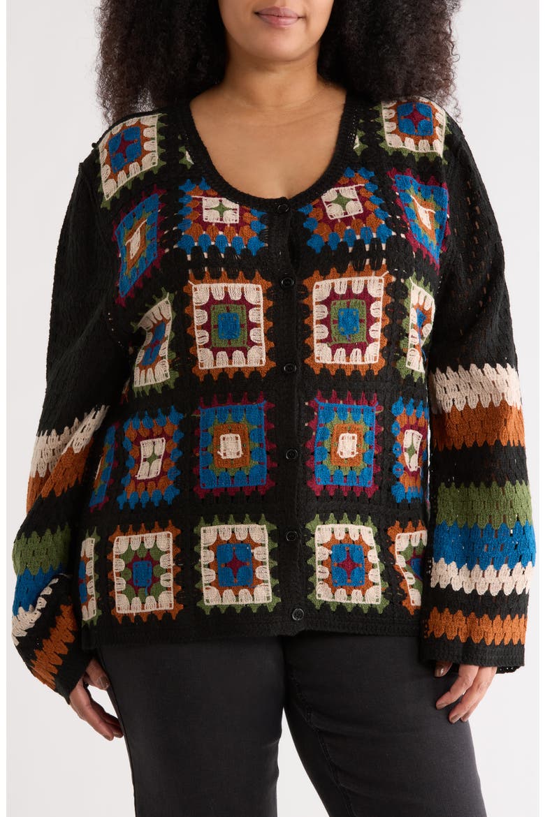 Crochet Granny Square Cardigan Sweater, Main, color, BLACK