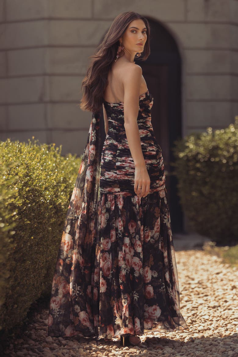 Floral One-Shoulder Ruched Chiffon Gown, Alternate, color, Black Multi