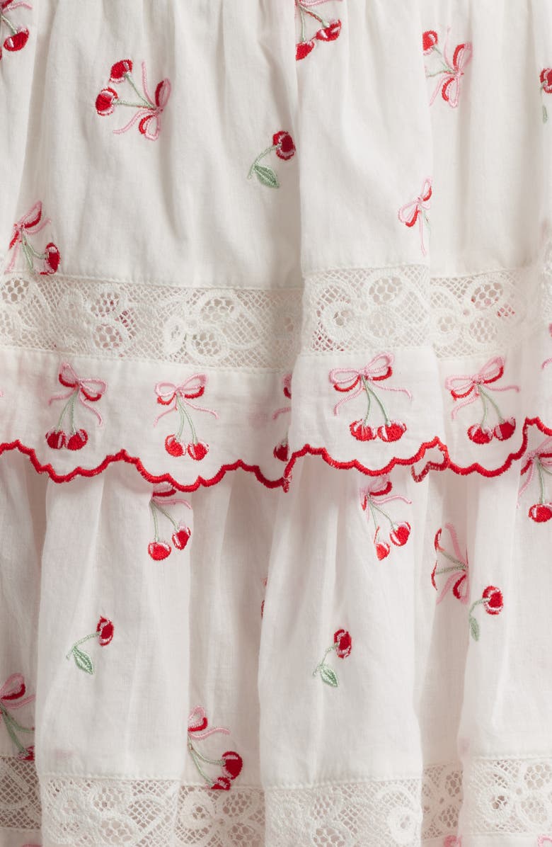 LoveShackFancy Cherry Bow Embroidered Ruffle Cotton Miniskirt, Alternate, color, Optic White