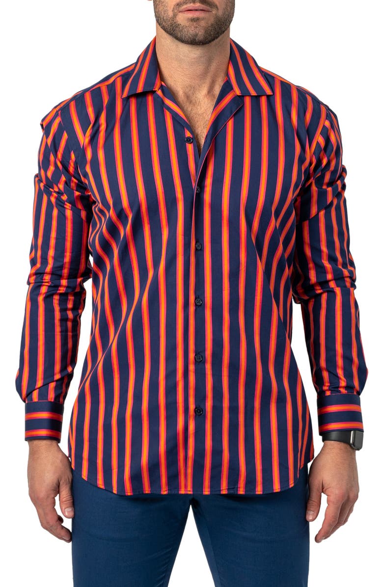 Maceoo Fibonacci Bold Stripe Regular Fit Print Button-Up Shirt, Main, color, Blue