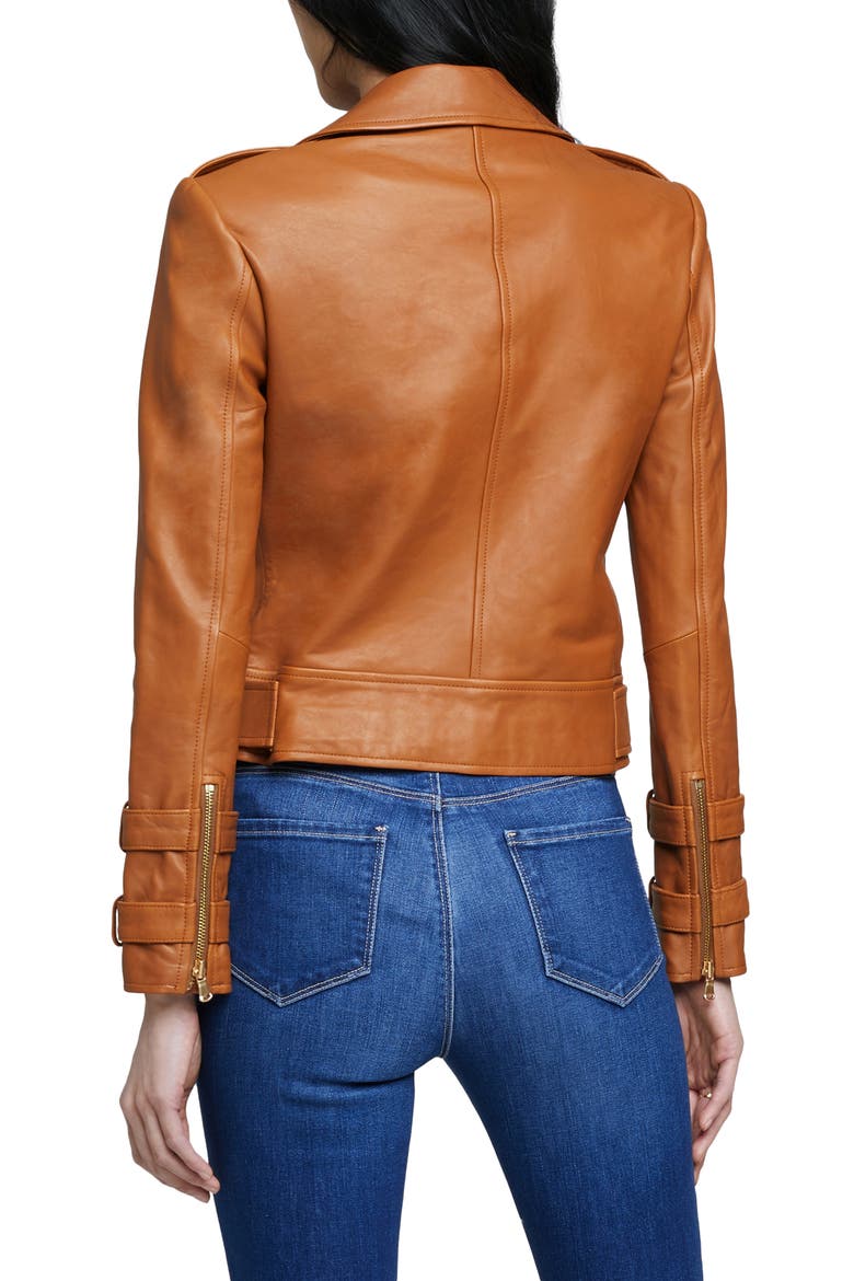 Billie Belted Leather Moto Jacket, Alternate, color, COGNAC