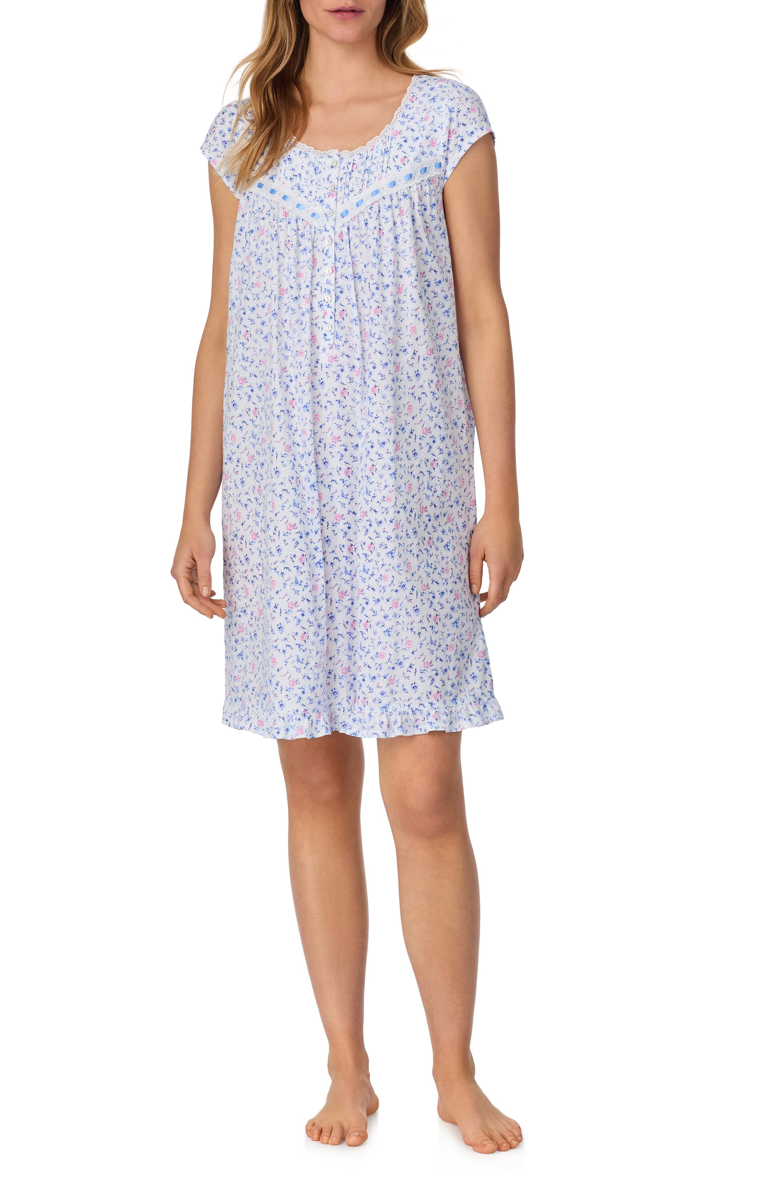 Eileen West Floral Cap Sleeve Cotton Jersey Nightgown in White Ditsy 