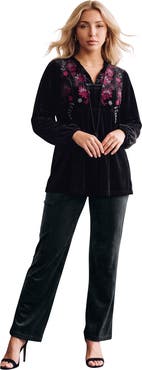Roaman's Plus Size Embroidered Notch Neck Tassel Tie Tunic