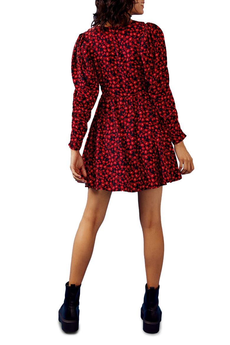 Floral V-Neck Long Sleeve Minidress, Alternate, color, RED MULTI