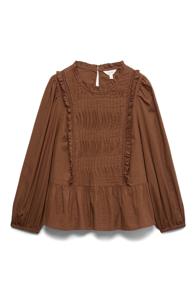 Pleated Ruffle Trim Cotton Peplum Top, Alternate, color, CONKER CHOCOLATE BROWN