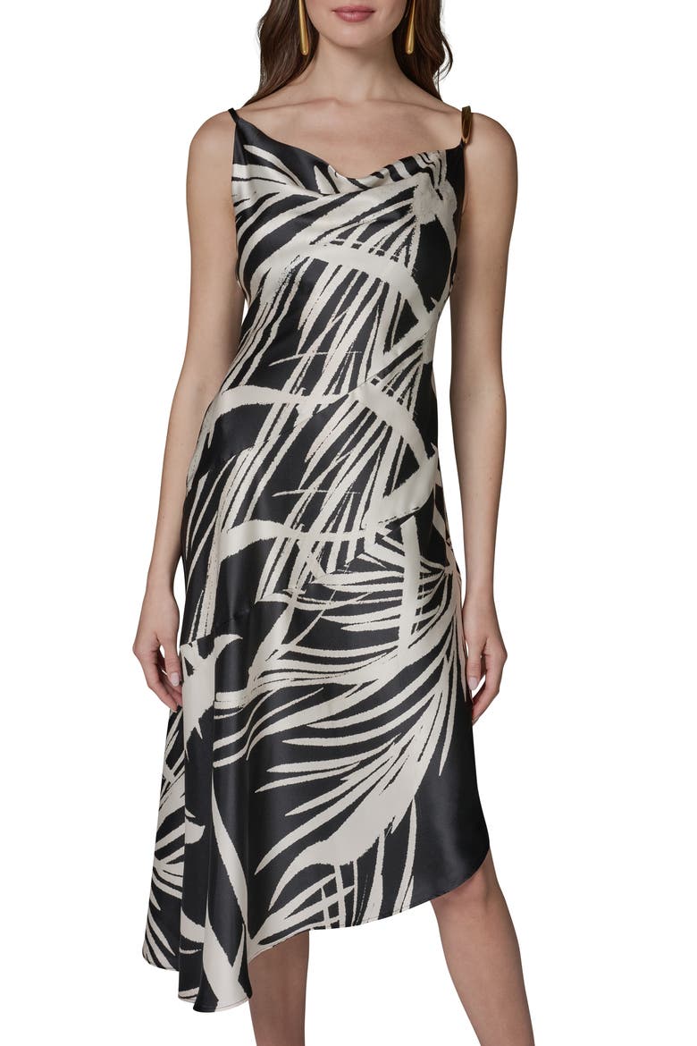 Print Cowl Neck Asymmetric Midi Dress, Alternate, color, BLACK CREAM