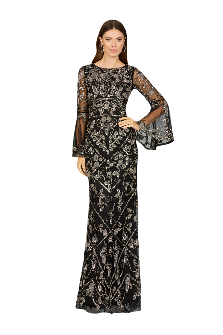 Bell Sleeved High Neck Beaded Gown, Main, color, Black