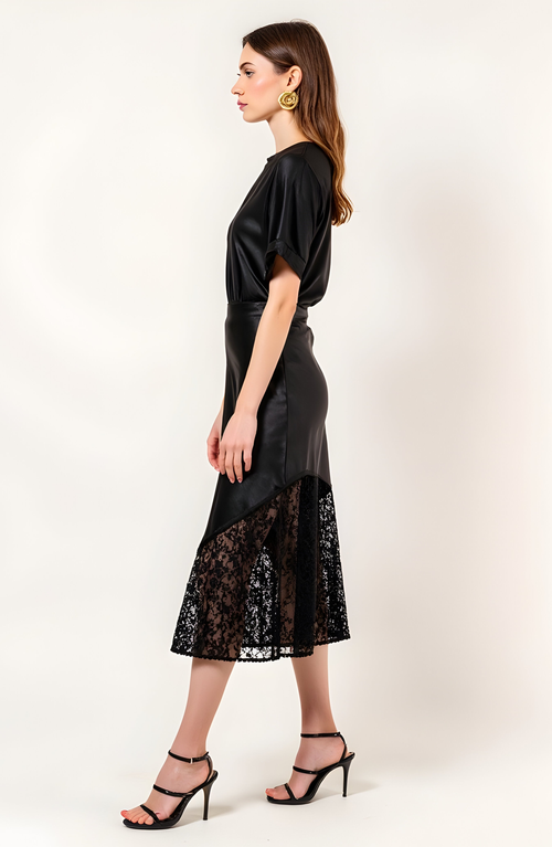 Modenaire Asymmetrical Satin Midi Skirt With Sheer Lace Hem And Fitted Waist In Black