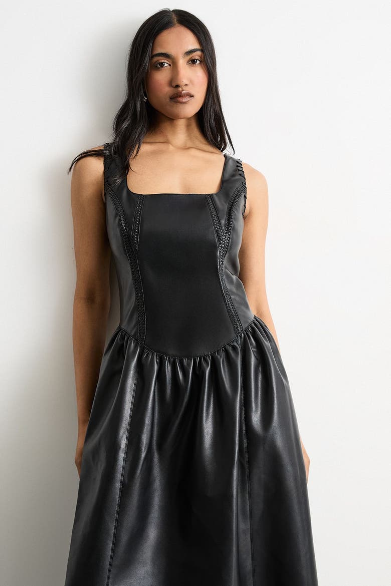 Faux Leather Whipstitch Trim Midi Dress, Alternate, color, Black