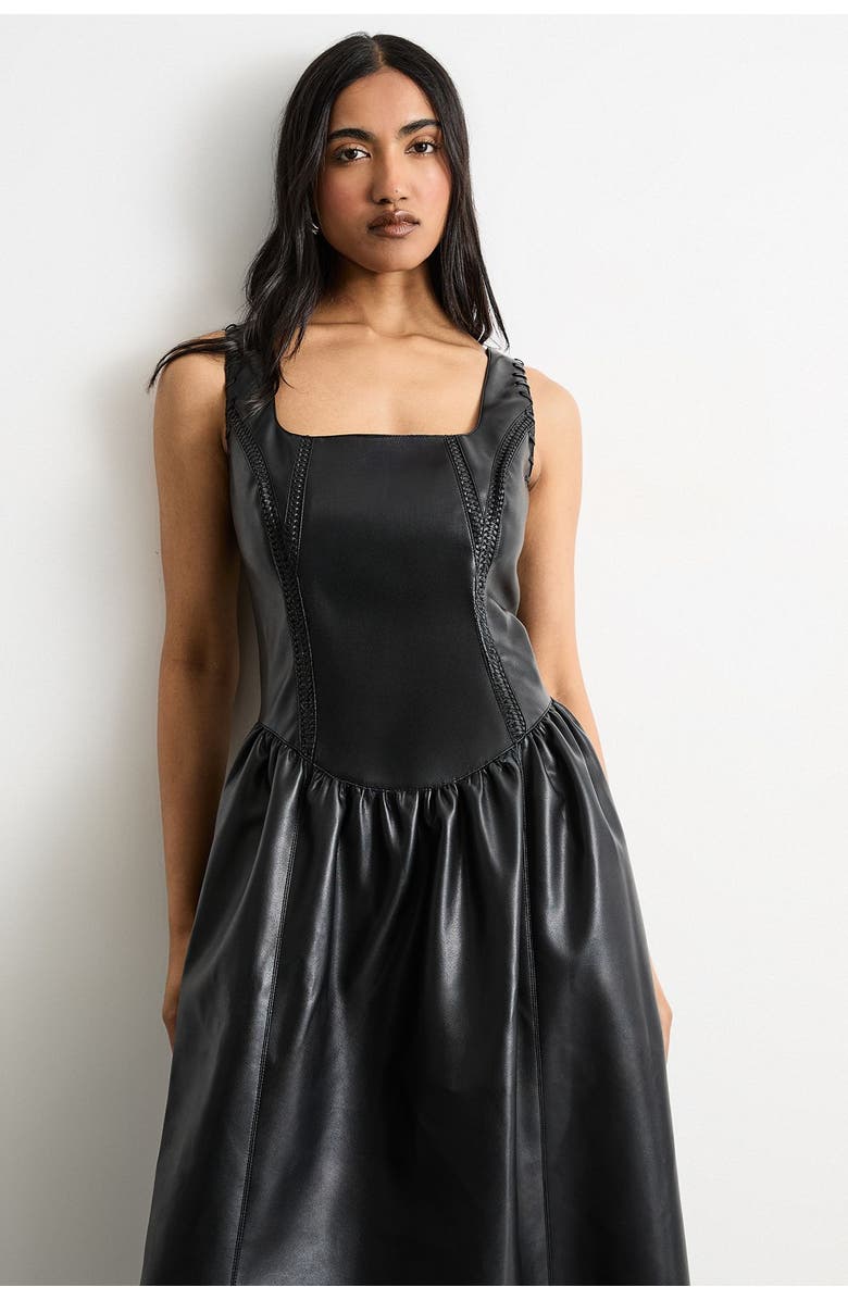 Warehouse Faux Leather Whipstitch Trim Midi Dress, Alternate, color, Black