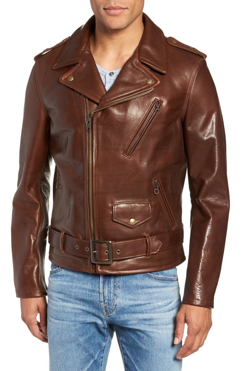 Schott NYC '50s Cowhide Leather Moto Jacket, Alternate, color, Brown