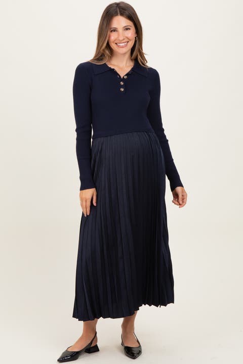 Collared Knit Contrast Pleated Skirt Midi Dress