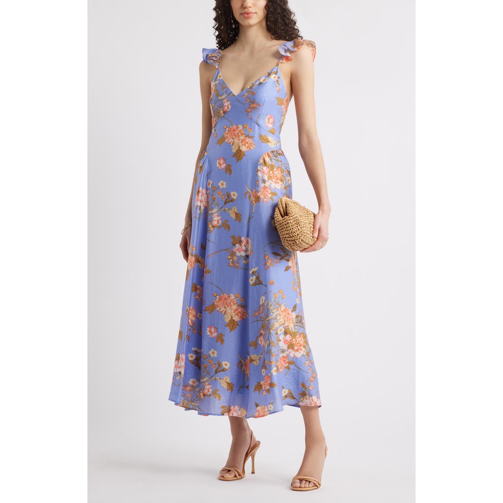 Chelsea28 Flutter Sleeve Maxi Dress In Blue- Orange Romantic Blooms