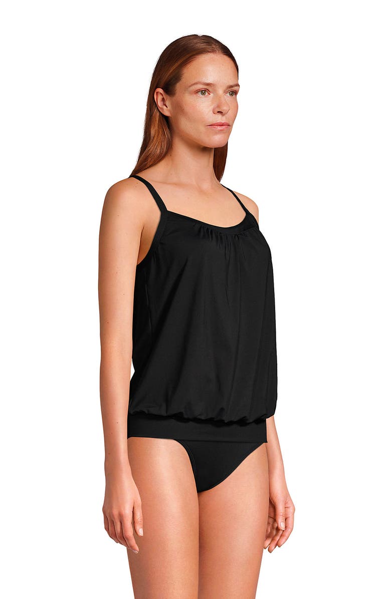 Lands' End Mastectomy Chlorine Resistant Blouson Tummy Hiding Tankini Top Swimsuit Adjustable Straps, Alternate, color, Black