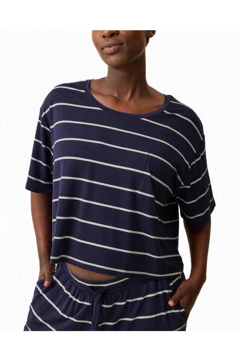 Aria Casual Cropped Short Sleeve Top, Main, color, Navy White Stripe