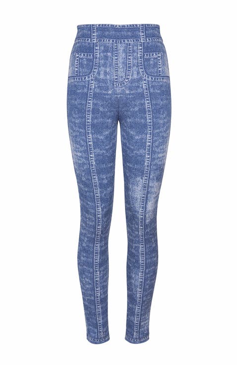 Jacquard Knit Leggings With Denim Effect