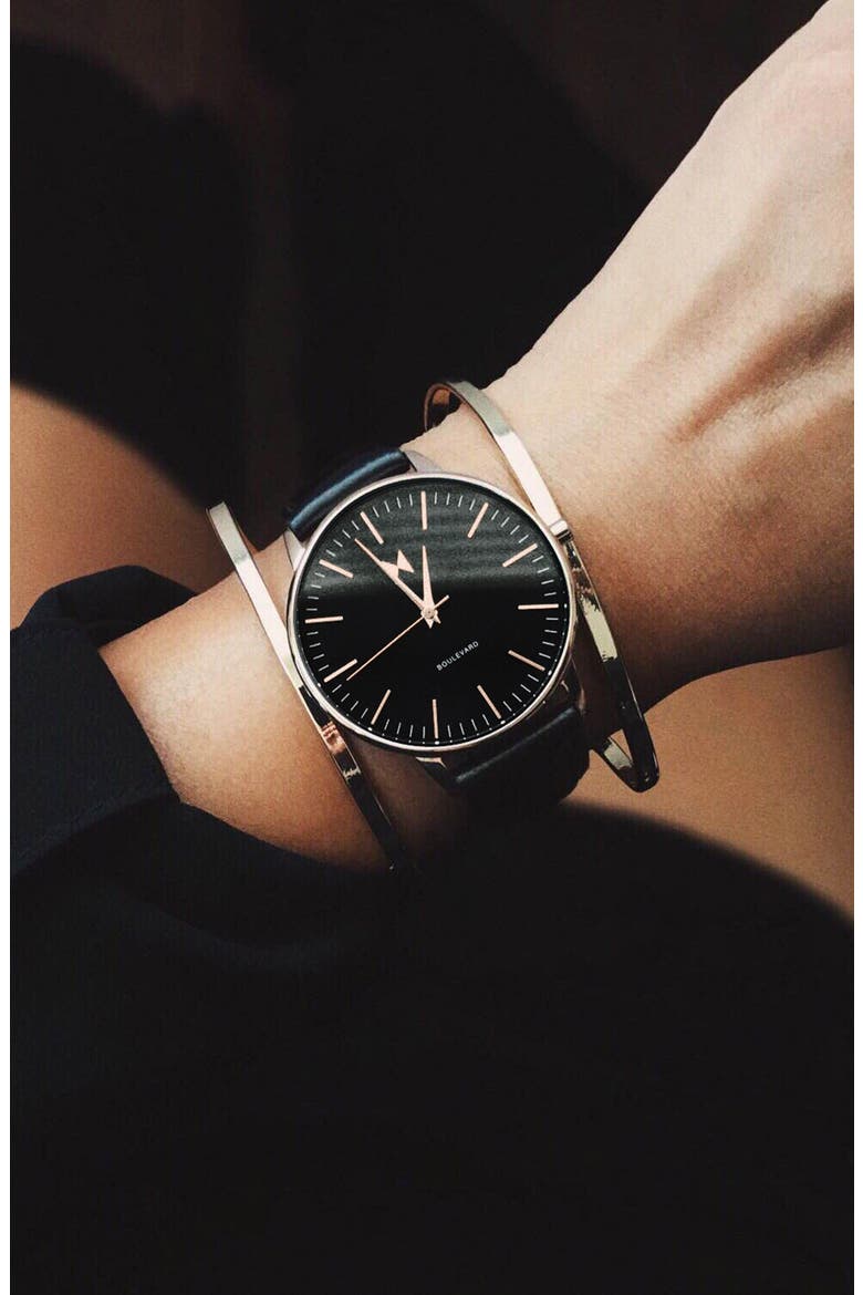 MVMT Boulevard Leather Strap Watch, 38mm, Alternate, color, BLACK/ ROSE GOLD